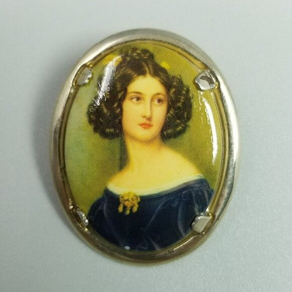 Vintage Portrait of Woman in Blue Dress Oval Brooch, Transfer Print Retro Estate - Picture 2 of 6